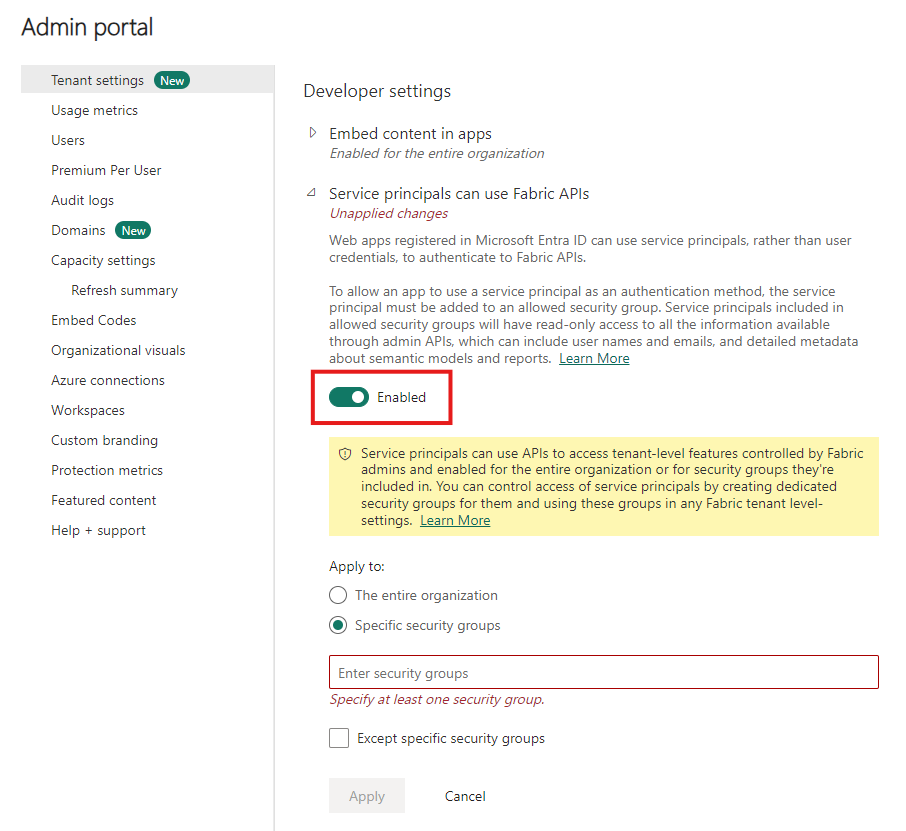 Screenshot that shows the Admin portal with tenant settings selected. Allow service principals to use Power BI APIs is expanded with enabled highlighted. 