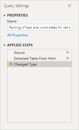 Screenshot of Power B I Desktop showing the Power Query Editor with Query Settings pane showing the three Applied Steps.
