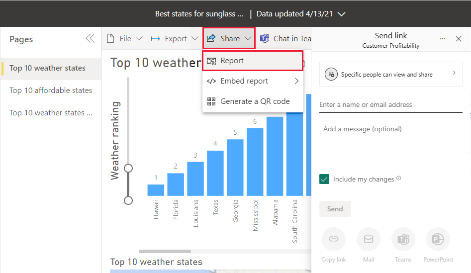 Screenshot of Power B I Desktop showing the Share Report screen.