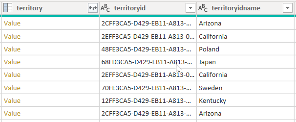 Screenshot shows a preview of data for the three territory columns account table.
