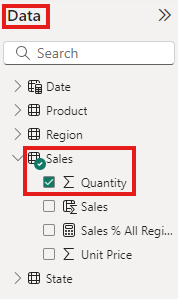 Screenshot of the Power B I service quantity field in the sales table in the U S sales analysis report.