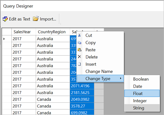 Screenshot of the Change data type options.