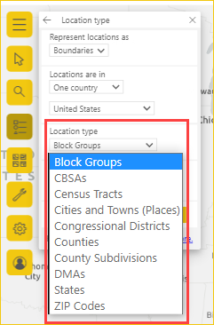 Screenshot shows available location types by region.