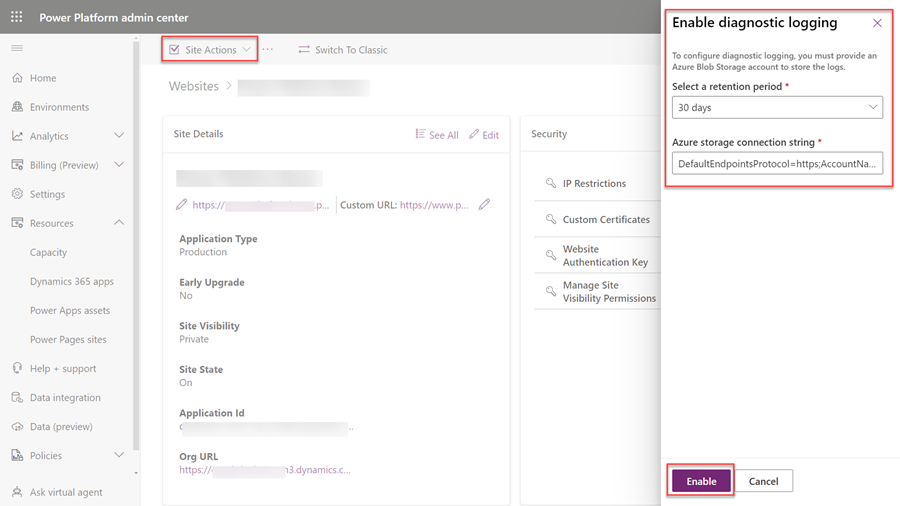 Enable diagnostic logging.