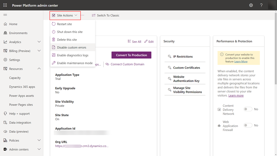 Selecting site actions.