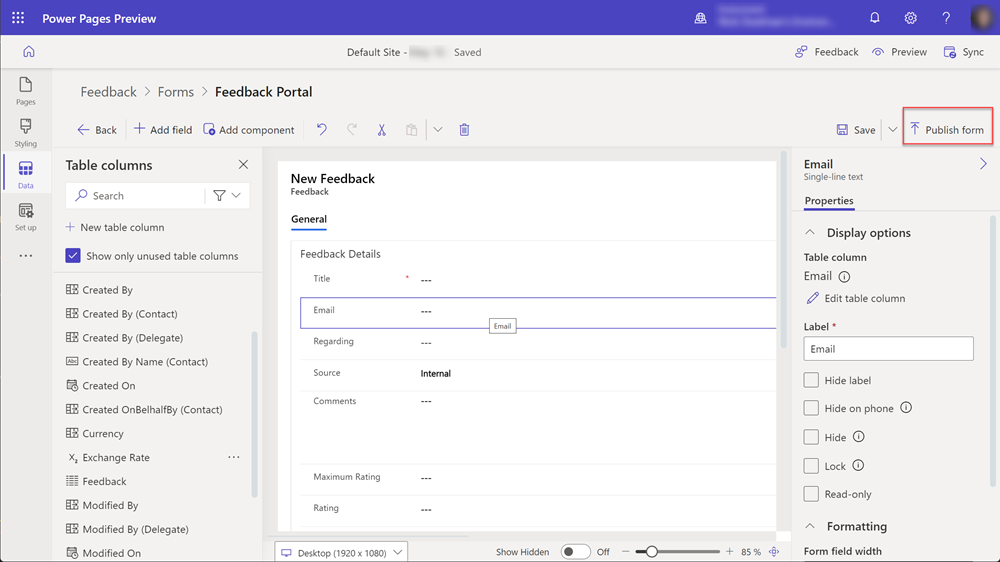 Publish form button inside the data workspace.