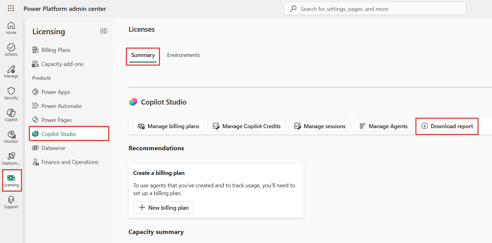 Access Copilot Studio environment, agent, and user reports.