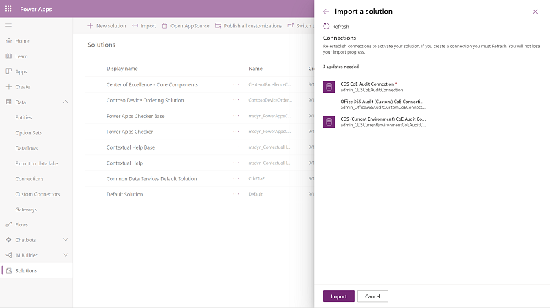 Import the CoE audit log components solution.