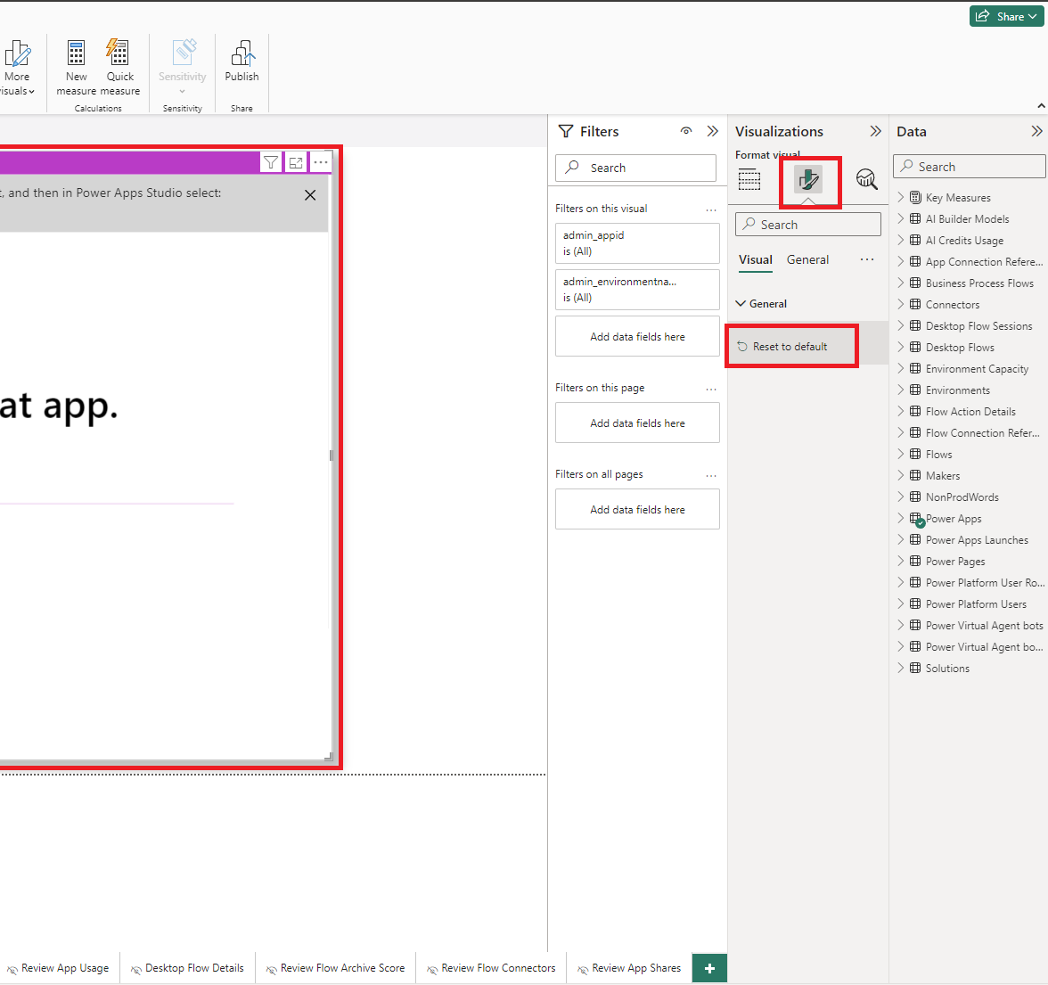 Screenshot that shows where to select Reset to default to format the visual.