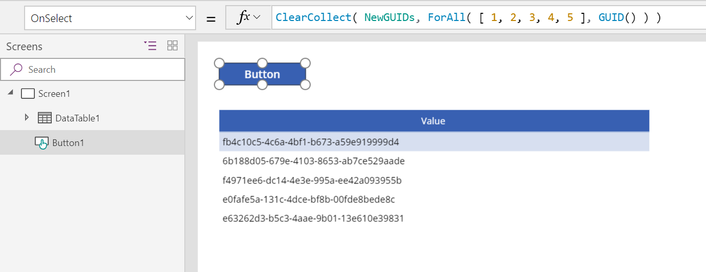 A screen showing a data table with five different GUID values.