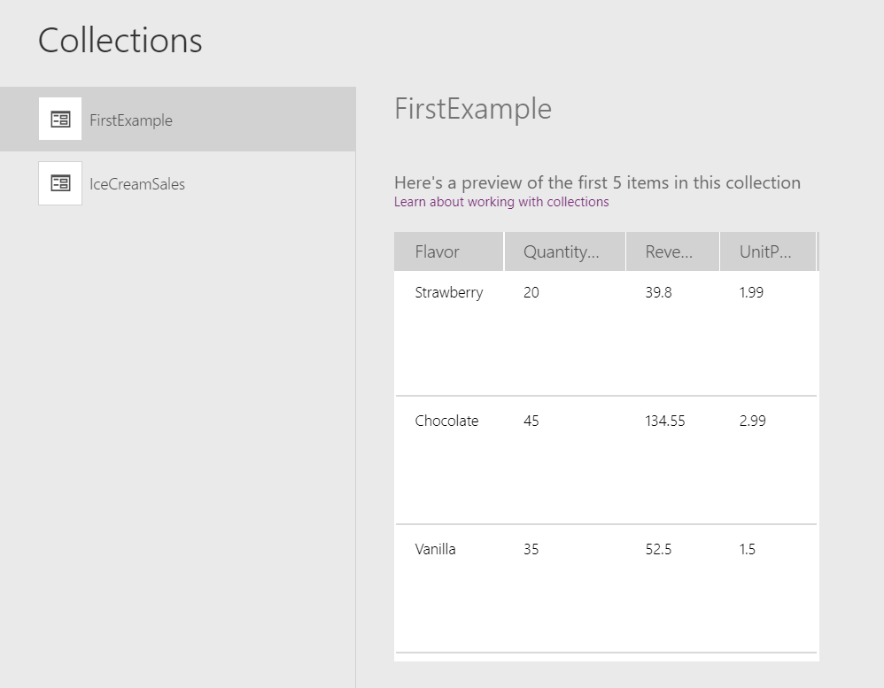 Collection viewer showing three records of the First Example collection that includes a new Revenue column.