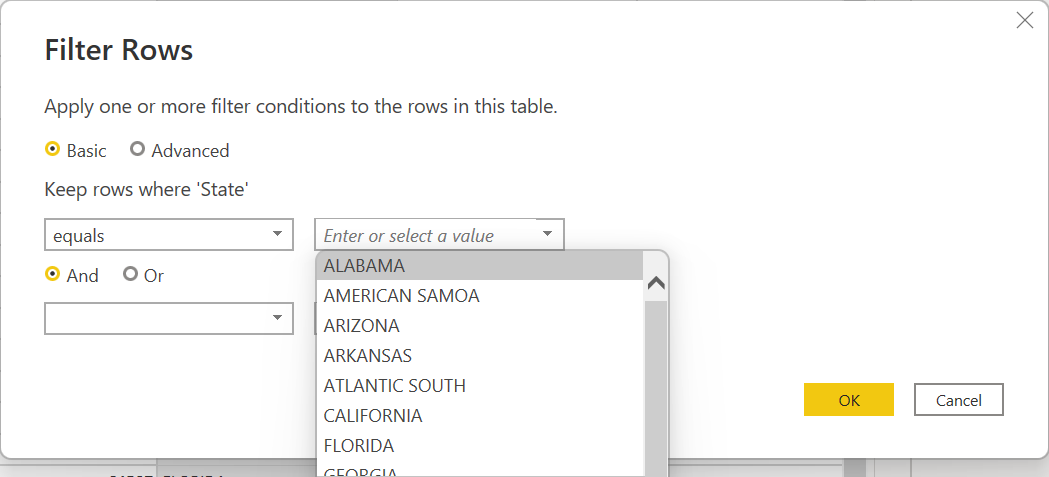 Screenshot of the Filter rows dialog where you set the filter results using a parameter.