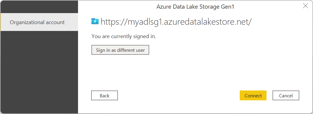 Screenshot of the sign in dialog for Azure Data Lake Storage Gen1, with the user signed in and ready to connect.