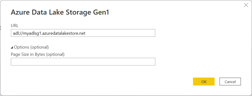 Screenshot of the Azure Data Lake Storage Gen1 dialog, with the URL entered.
