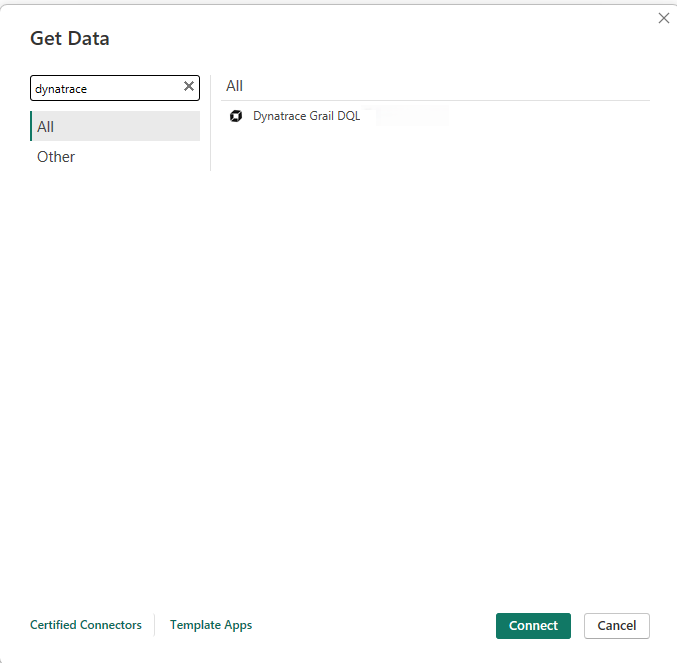 Screenshot of the Get Data dialog to connect to Dynatrace Grail.
