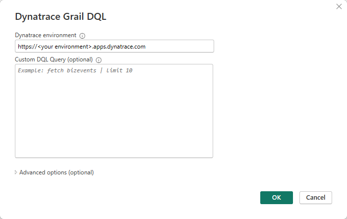 Screenshot of the environment entry dialog box for the Dynatrace tenant to connect to.