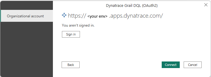 Screenshot of the Power Query authentication dialog when you sign in.
