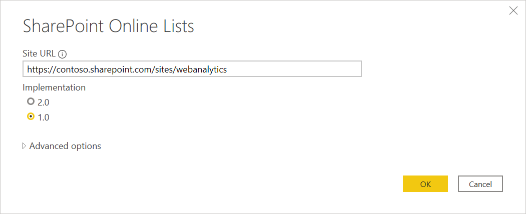 Screenshot of the SharePoint Online Lists dialog with an example Site URL entered.