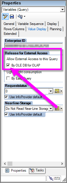 Screenshot showing the Allow External Access to this query: By OLE DB for OLAP check box.