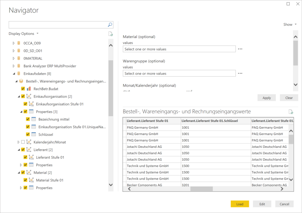 Screenshot of the Navigator showing the language change for descriptive and field names.