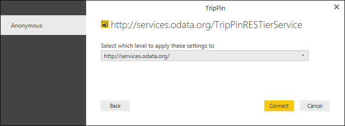 Screenshot of credential prompt set to Anonymous and the level setting set to the shortest URL.