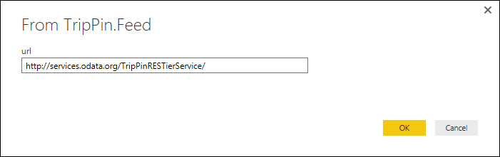 Screenshot of the TripPin connector dialog where you enter the URL for the TripPin data location.