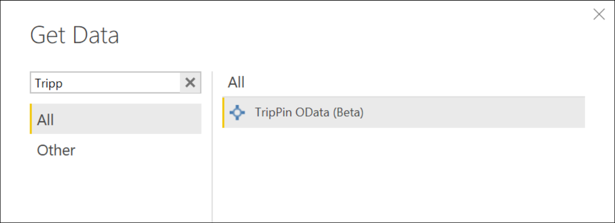 Screenshot of the Power Query get data dialog with part of the TripPin connector name entered in the search box.