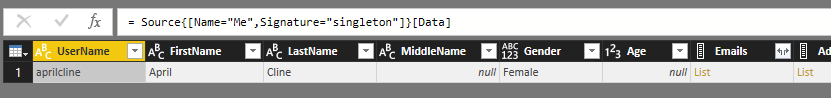Screenshot of the Power Query editor displaying the Me record table.