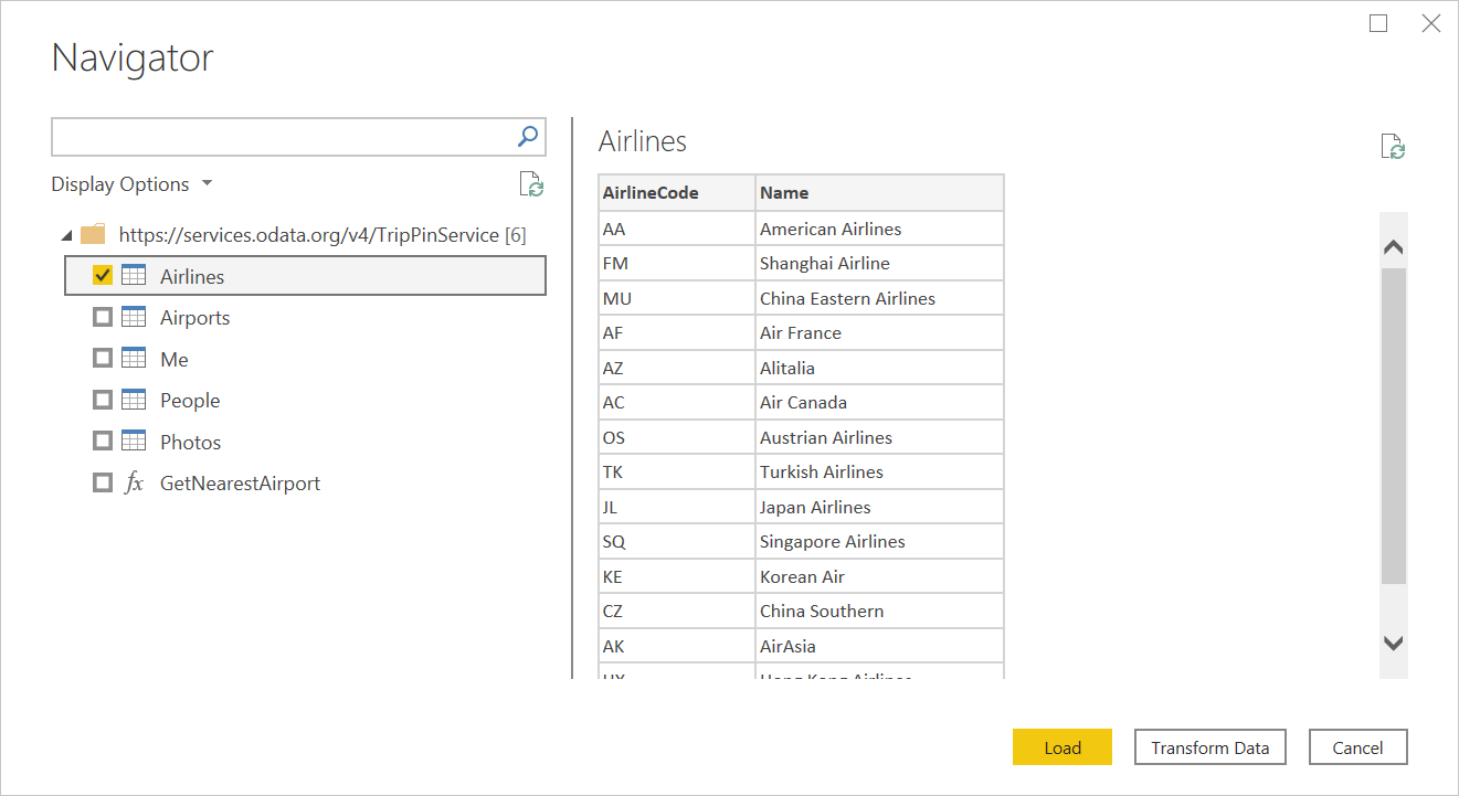 Screenshot of the Power Query Navigator dialog showing the TripPin data.