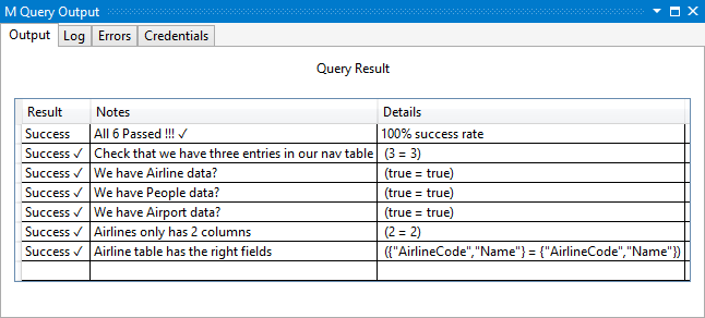 Screenshot of the Output tab of the M query output showing you the successful report output.