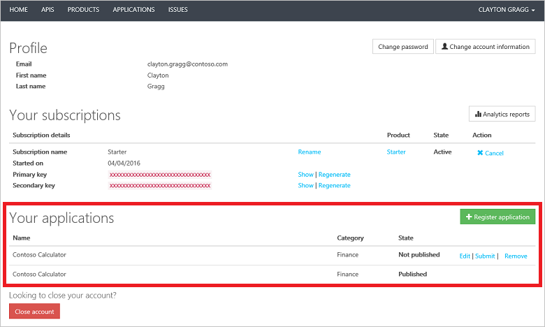 APIM User Account Applications Page User Account Applications Page