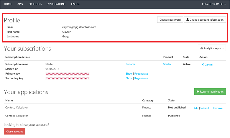 APIM User Profile Page User Profile Page