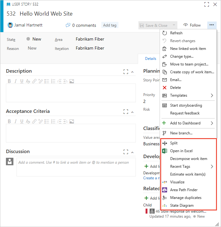 Screenshot of User story web form, context menu, Action-level options.