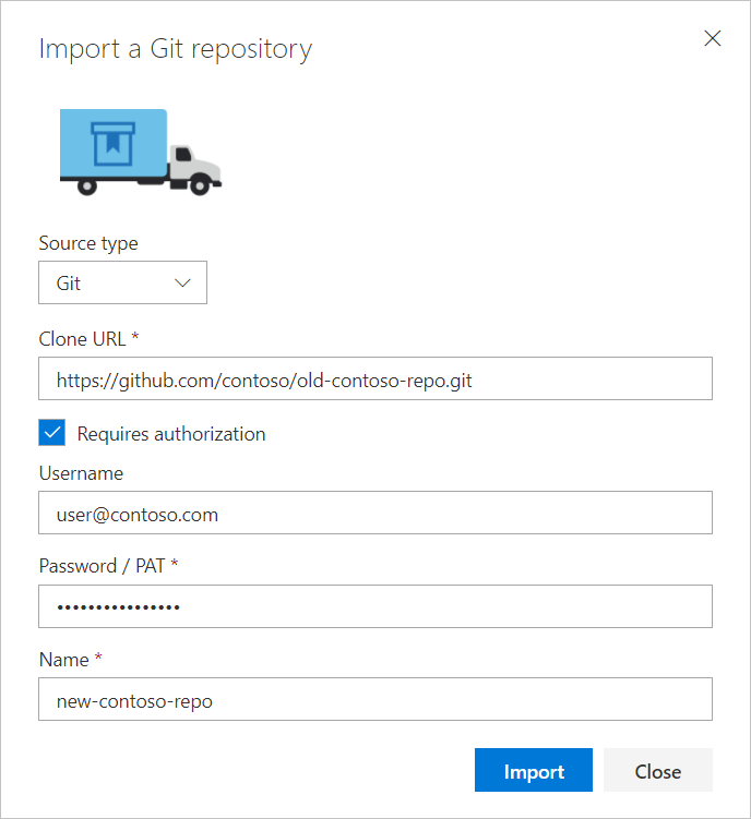 Screenshot shows Import Repository Dialog with publicly available sample repo URL.