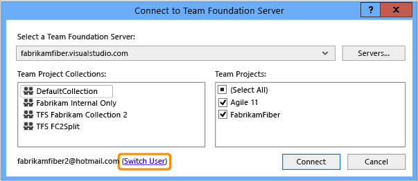 Connect to Team Foundation Server dialog box