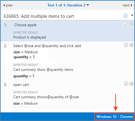 Test Runner showing the first row of parameter values