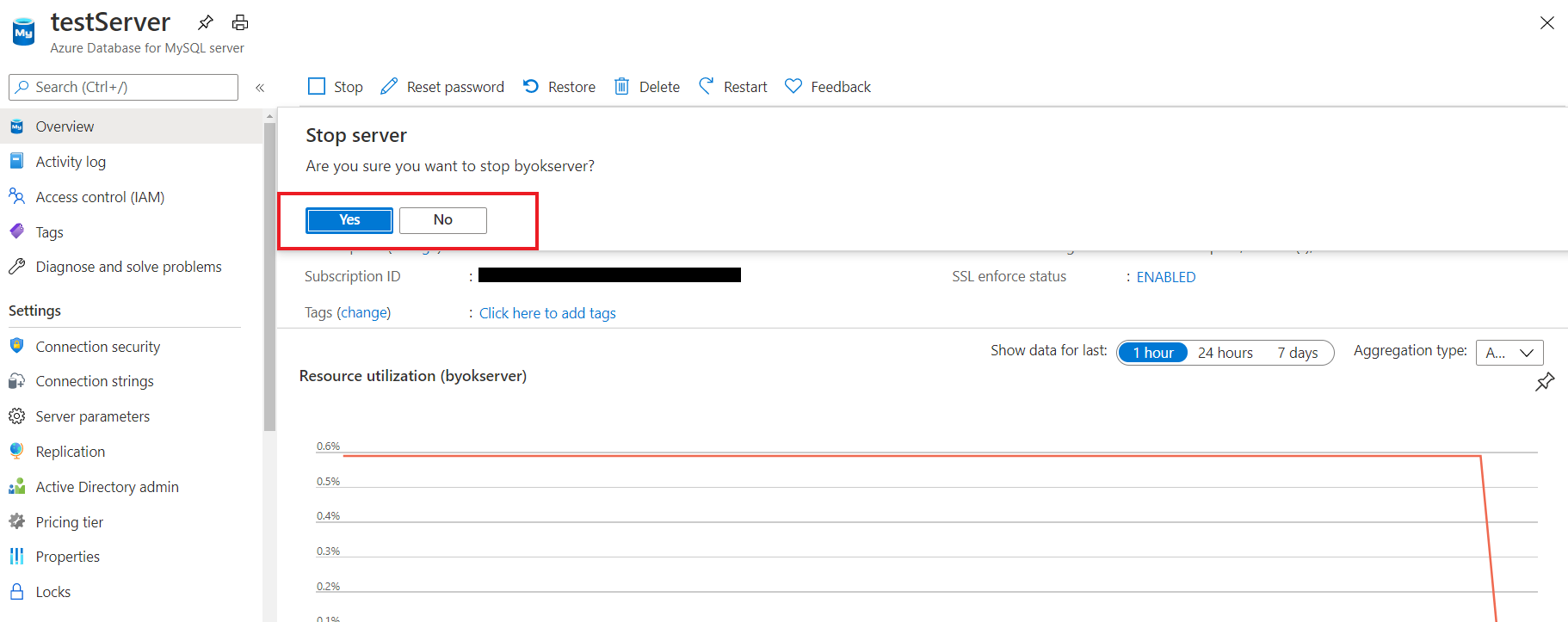 Azure Database for MySQL Stop server