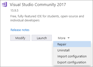 Repair Visual Studio from the Visual Studio Installer Screenshot showing the Repair option in the More dropdown menu of the Visual Studio Installer.