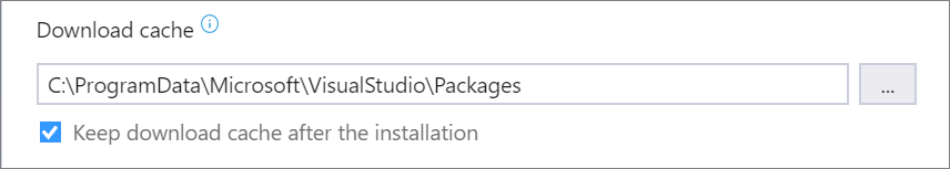 Choose whether to keep the download cache after installation, and then specify the drive where you want to store files. Screenshot of the Download cache section of the Installation locations tab of the Visual Studio Installer.