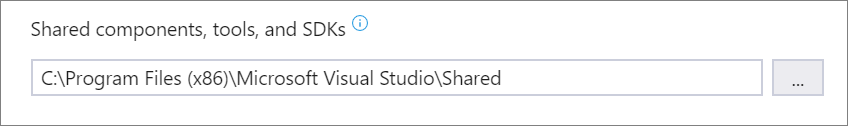 Specify the location where you want to store shared components, tools, and SDKs. Screenshot of the shared components, tools, and SDKs section of the Installation locations tab of the Visual Studio Installer.