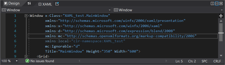 Screenshot of the XAML code editor window in Visual Studio 2019 The XAML code editor window in Visual Studio