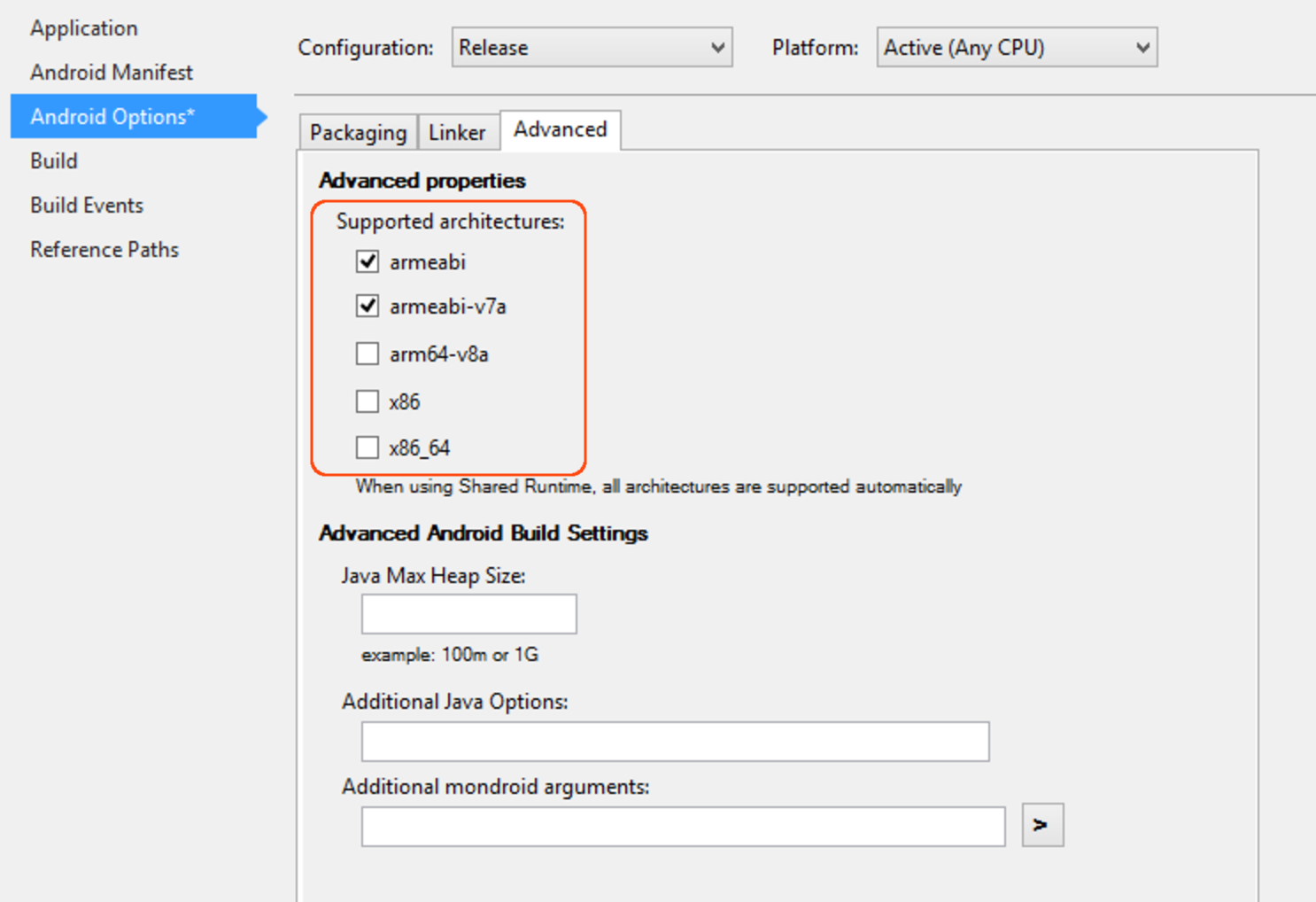 Android Options Advanced properties