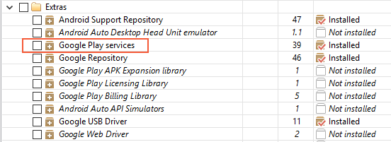 Google Play Services appears under Extras in the Android SDK Manager