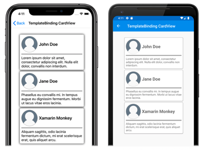 Screenshots of templated CardView objects