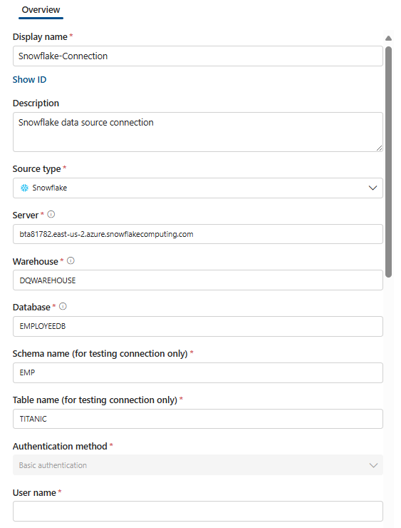 Screenshot that shows how to set up a Snowflake connection.