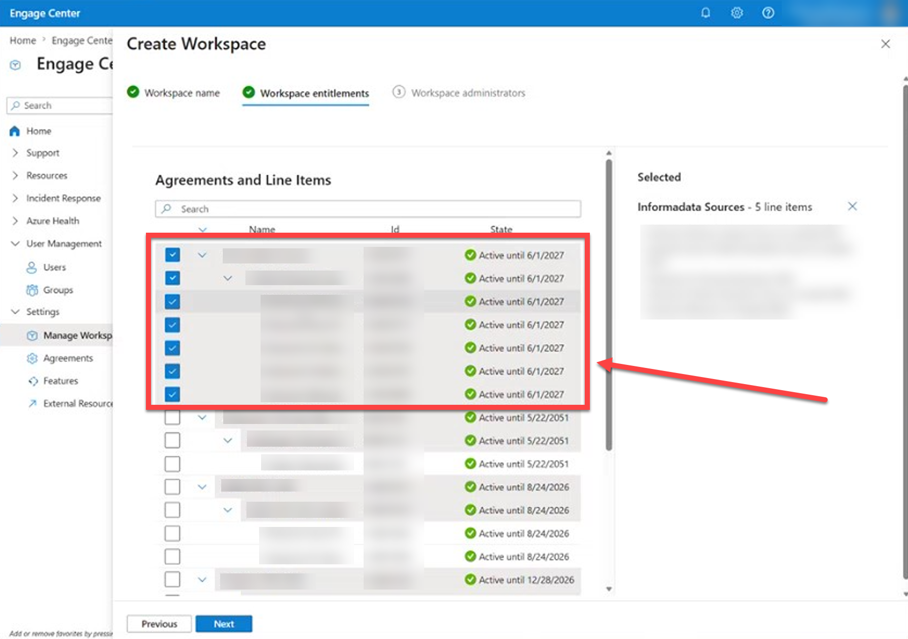 Checkboxes selecting entitlements for a workspace.