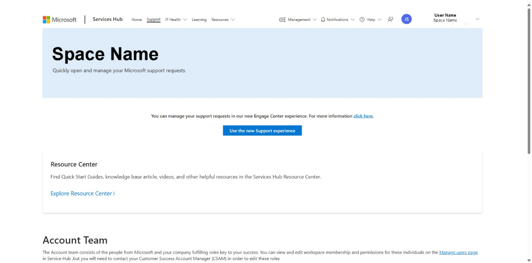  Support page of Microsoft Services Hub. 