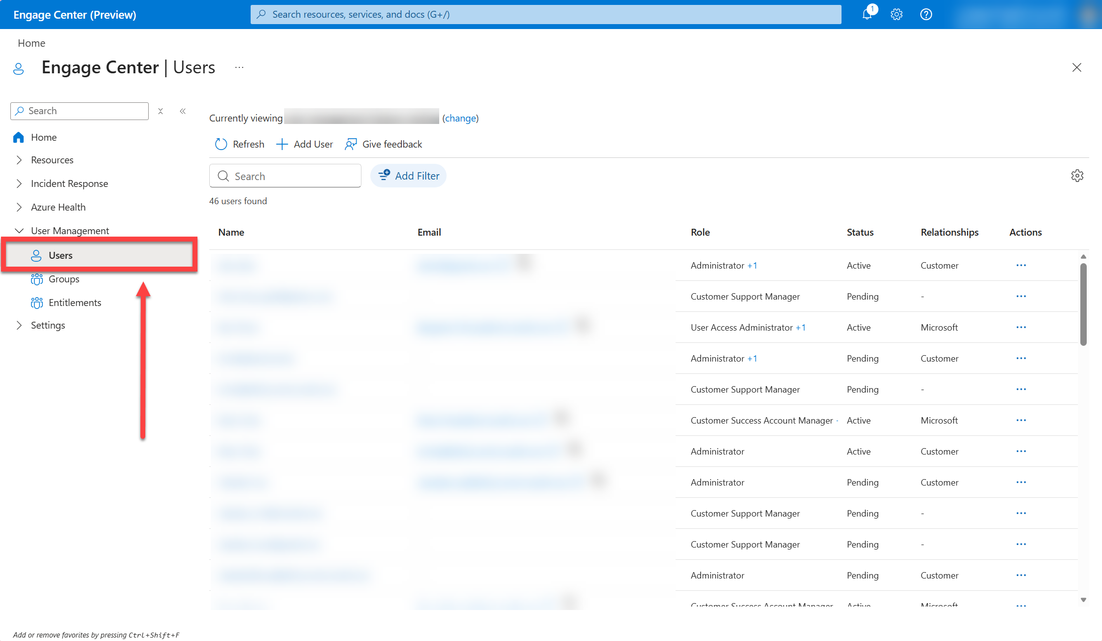 The User Management section of Microsoft Engage Center with the Users tab selected.