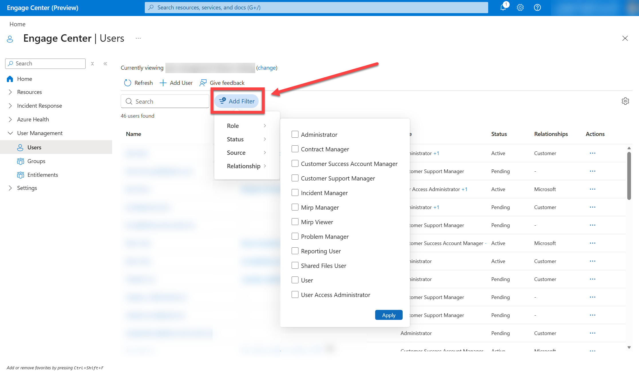 The filtering options for the User Management Users list.