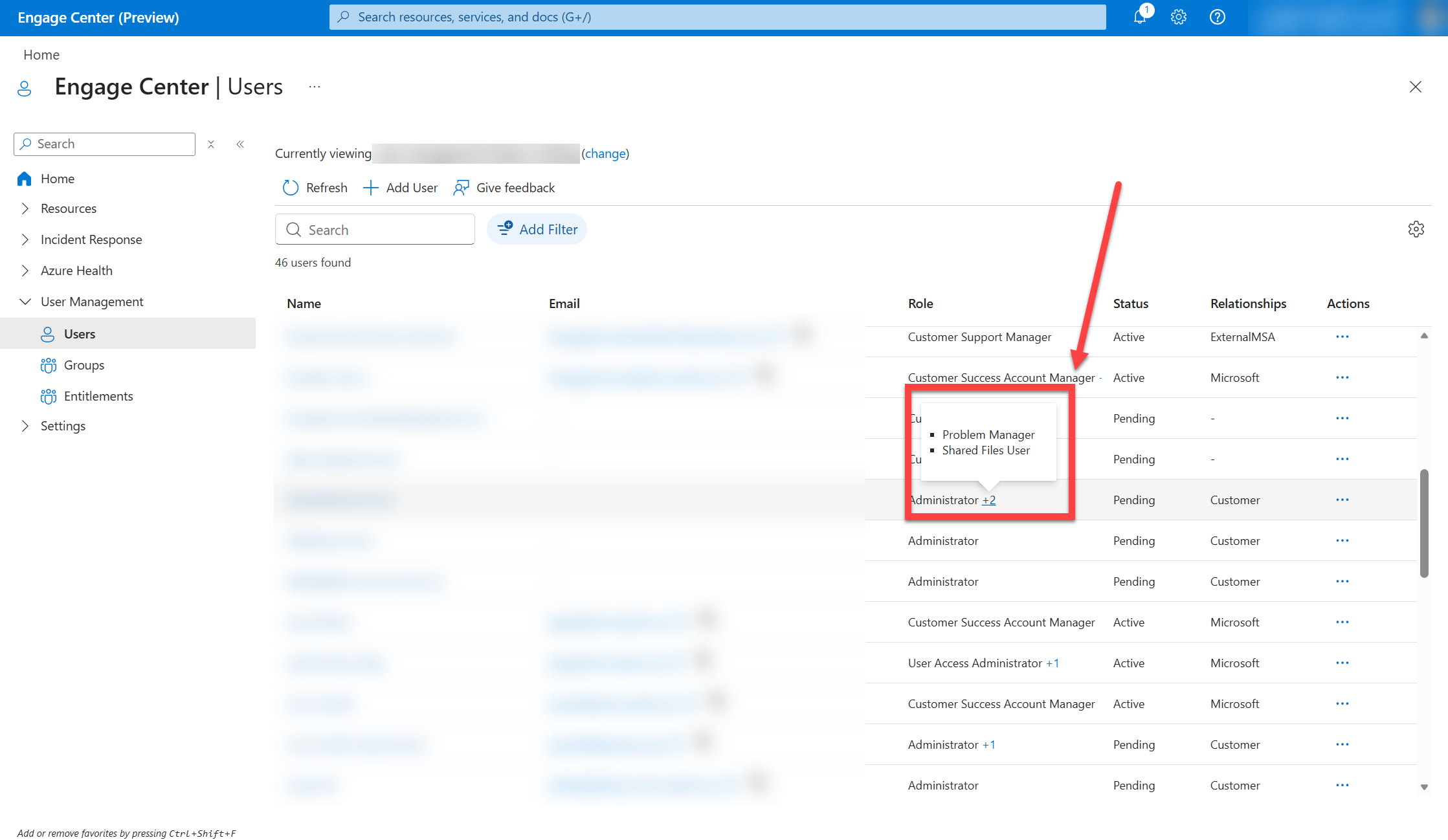 A view hovering over the permissions for a single user in the Users list to view their full list of permissions.